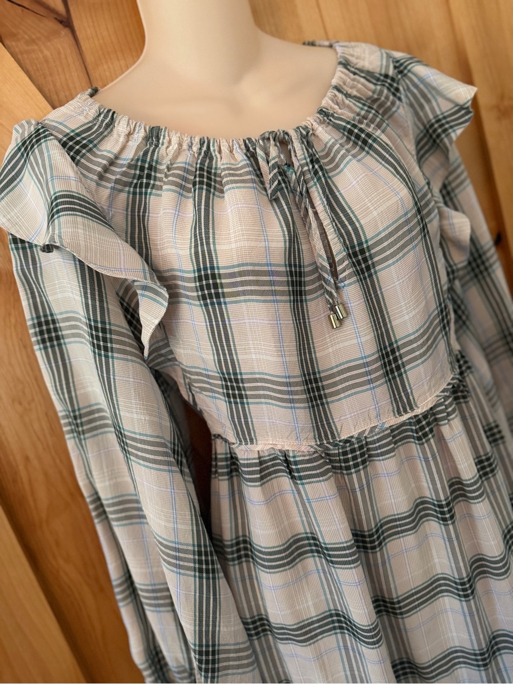 Ephemera XS/S Green Cream Plaid Cottagecore Prairie Mini Dress Cotton Blend Boho - Picture 5 of 15